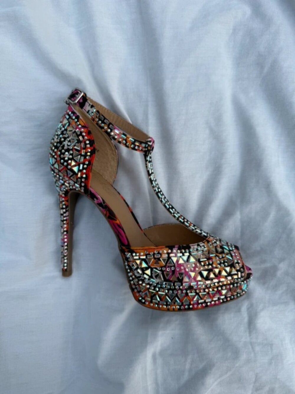 Y2K Thalia Sodi Embellished Rhinestone T-Strap Platform Heels
